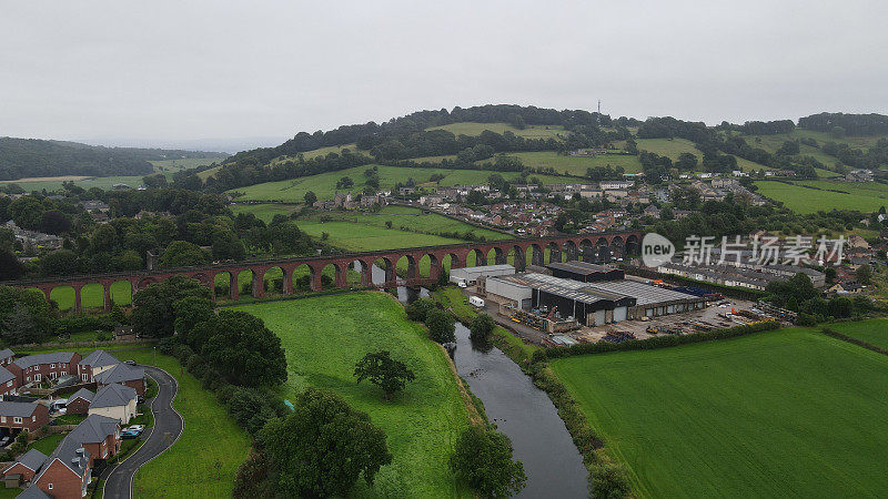 Ribble valley, viaduct old victorian railway Viaduct know as  Whalley Arches, Lancashire England Aerial image
